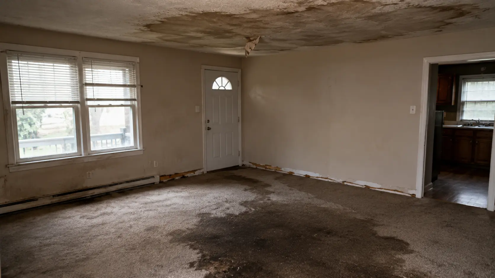 Water-damaged Pueblo living room before restoration