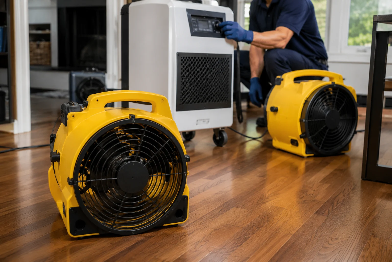 Professional water extraction and drying equipment set up in a Pueblo home